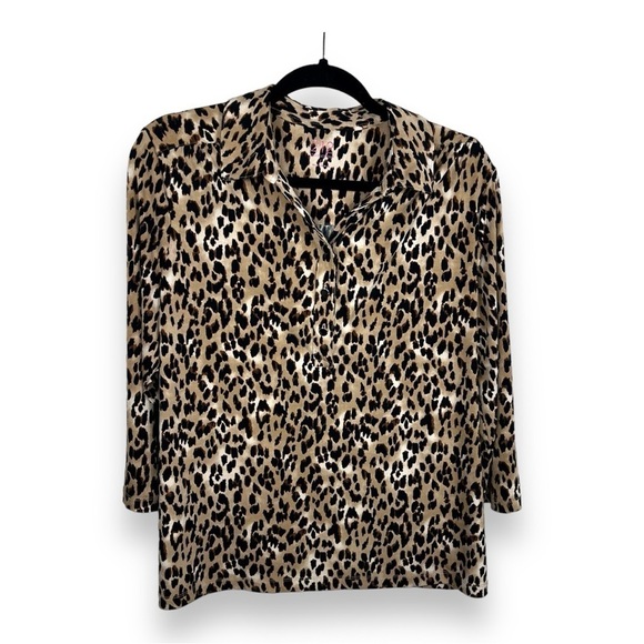 LARGE 212 COLLECTION LEOPARD ANIMAL PRINT BLOUSE TOP STRETCH PULLOVER - Picture 1 of 10